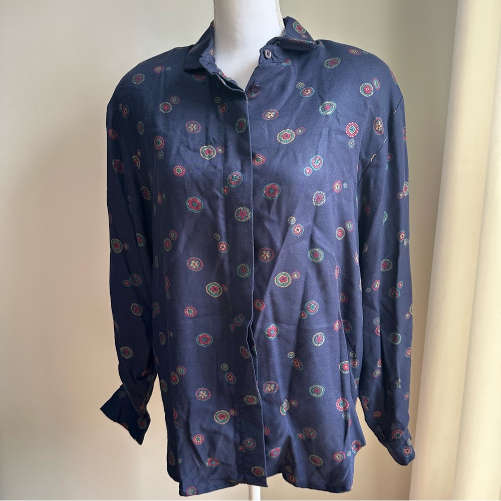 Vintage Women's Navy Blue Patterned‎ Button-Up Shirt Size 14